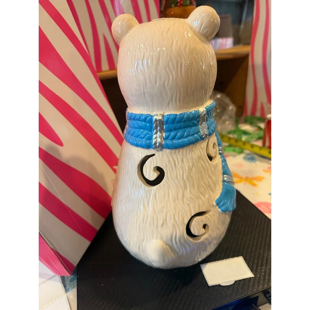 Pink Zebra Retired Polar Bear Ceramic Candle Luminary White Blue Scarf